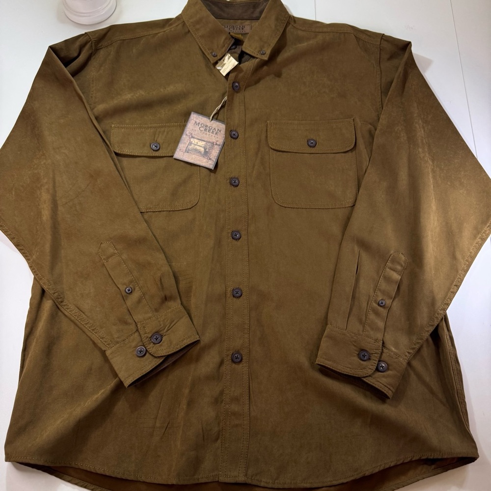 Morgan Creek Outfitters Suede Look Button Up Shirt Caribou Brown Men’s Large NWT
